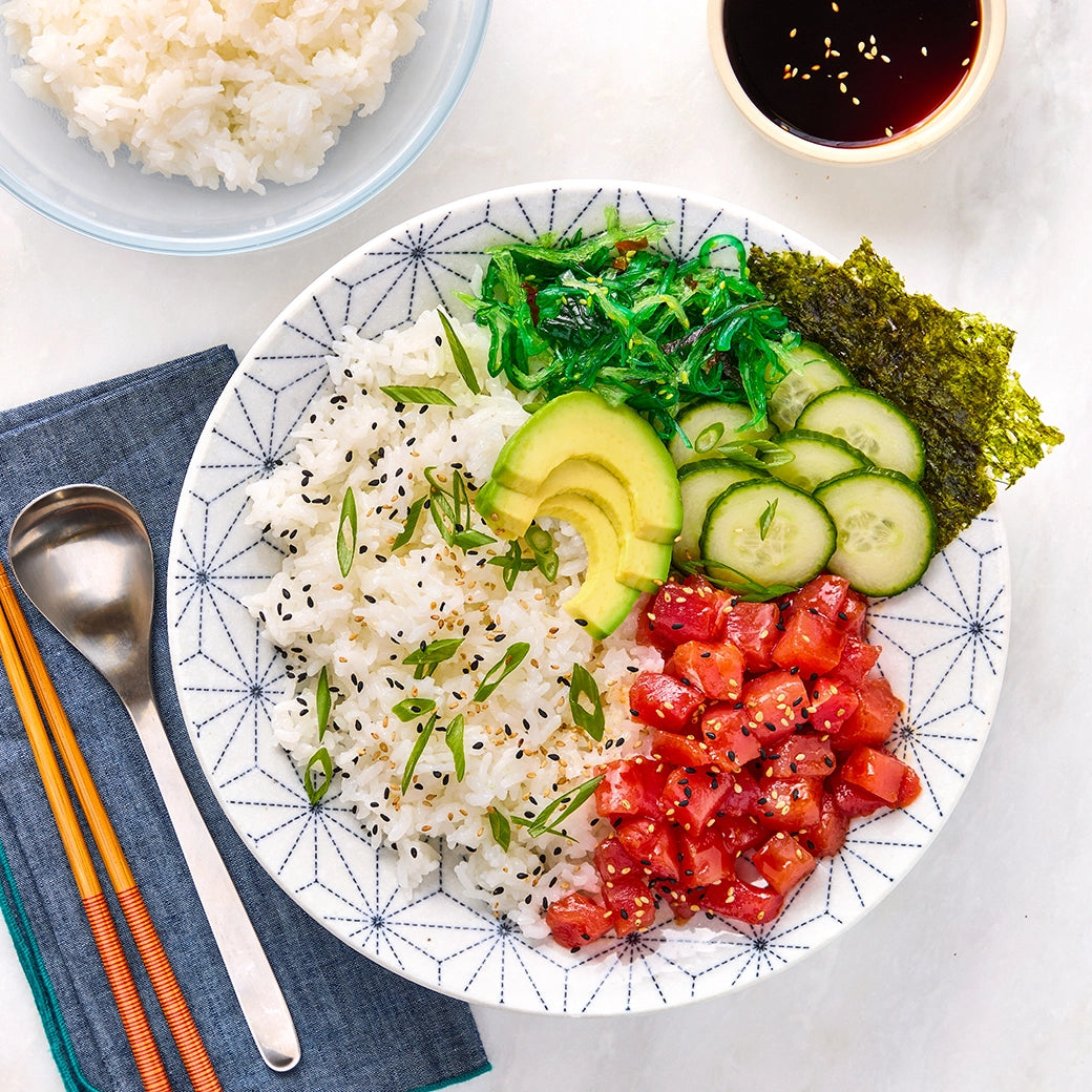 Perfectly cooked sushi rice made in the glass Anyday dish, delivering fluffy and flavorful rice with ease. This quick and efficient method ensures ideal texture and consistency, perfect for sushi rolls or rice bowls.