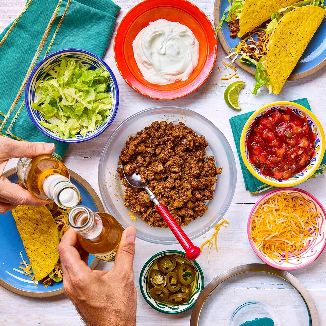 Savory old-school taco filling made in the glass Anyday dish, featuring seasoned ground beef, onions, and spices. This quick and flavorful microwave recipe delivers a delicious and nostalgic taco filling, perfect for a fun and easy meal.