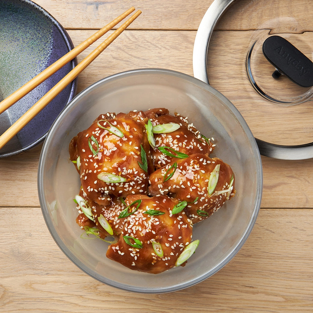 Teriyaki chicken cooked in the microwave using the glass Anyday dish, ensuring tender chicken coated in a rich, sweet, and savory teriyaki sauce. Enjoy a quick and delicious meal, ready in minutes.