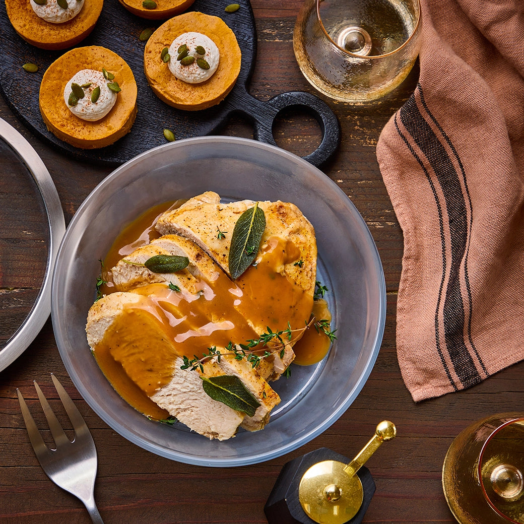 Thanksgiving turkey for two cooked in the microwave using the glass Anyday dish, delivering perfectl