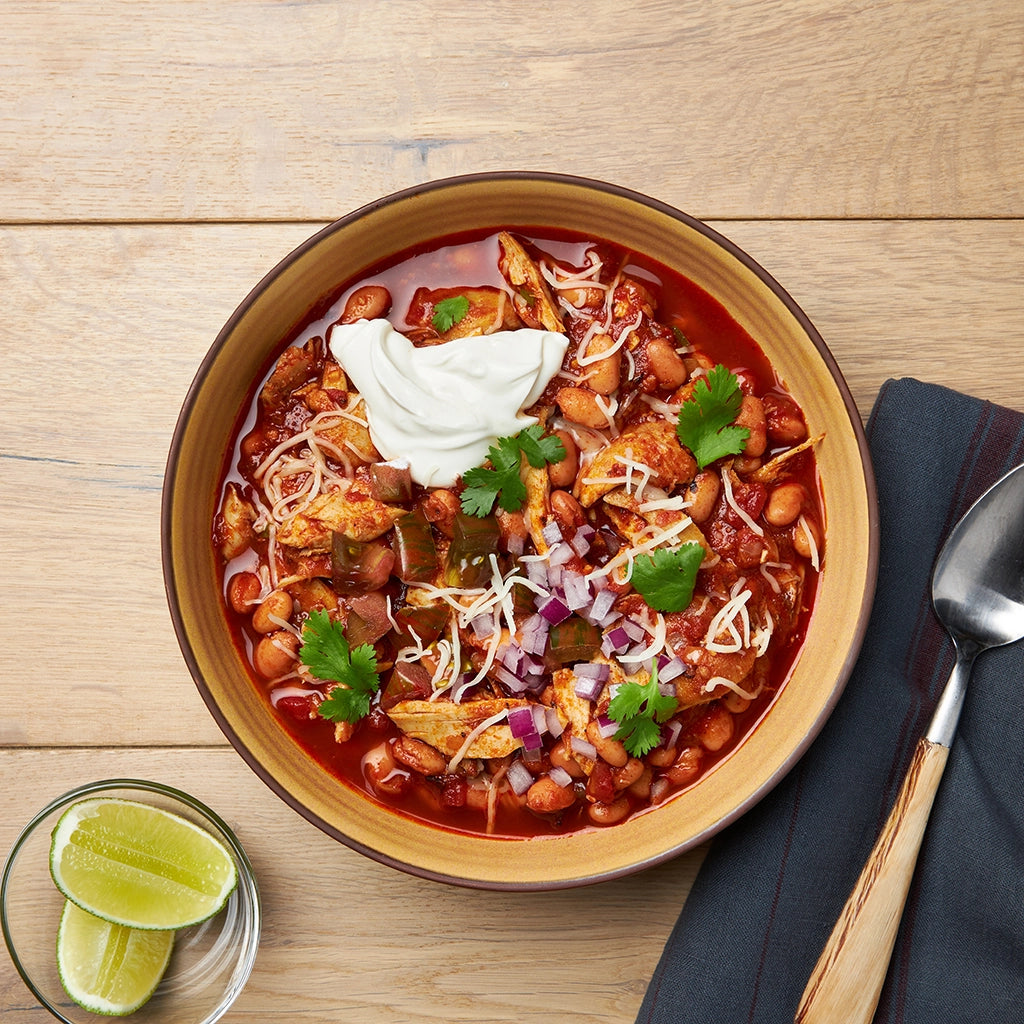 Chicken Chili made and served in the glass Anyday dish, featuring tender chicken, beans, and spices in a hearty chili sauce.