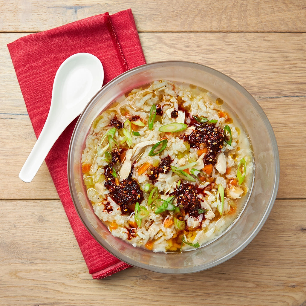 Comforting congee made in the microwave using the glass Anyday dish, delivering a smooth and creamy rice porridge with tender grains. Enjoy a quick and nourishing meal, ready in minutes.