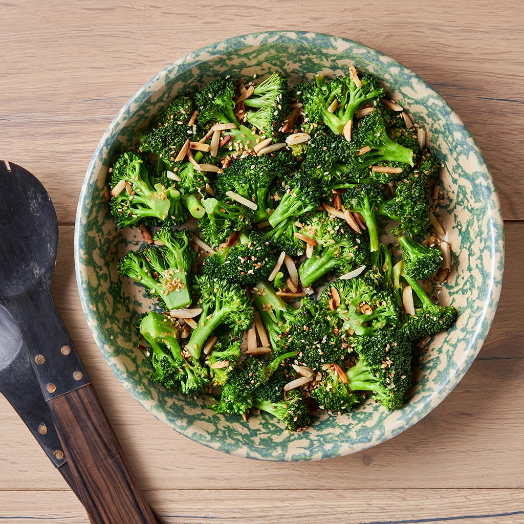 Warm broccoli salad made in the microwave using the glass Anyday dish, combining tender broccoli with a flavorful dressing for a satisfying and nutritious dish. Enjoy a quick and healthy meal, ready in minutes.