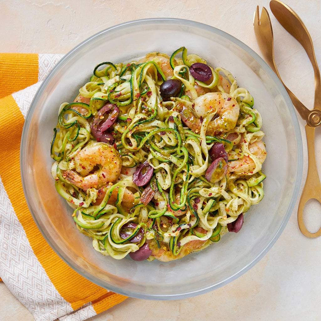 Flavorful pesto zoodles with shrimp made in the glass Anyday dish, featuring tender zucchini noodles tossed in a rich pesto sauce and topped with succulent shrimp. This quick and healthy microwave recipe delivers a delicious, low-carb meal, perfect for a light and satisfying dinner.