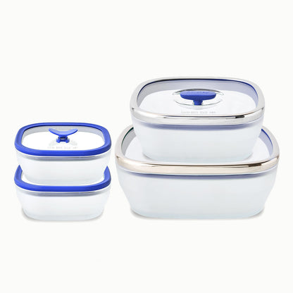An 8-Piece Glass Square Dish Set featuring four square frosted glass food storage containers with Blueberry glass-rimmed clear lids and blue steam vent silicone knobs suitable for microwave cookware.
