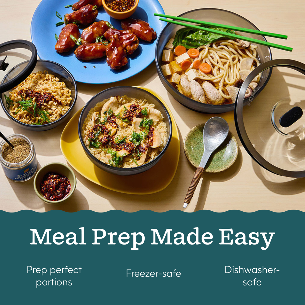 Bowls of noodles, chicken, and chicken wings arranged on a table with The Onyx Gift Bundle glass dishes, accompanied by meal prep text.