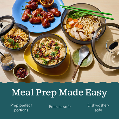 Bowls of noodles, chicken, and chicken wings arranged on a table with The Onyx Gift Bundle glass dishes, accompanied by meal prep text.