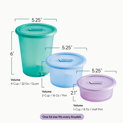 Three cylindrical silicone Build Your Anydeli Bundle storage containers in descending sizes, each with a lid, labeled with dimensions and liquid capacities, with the text One lid size fits every Anydeli at the bottom.