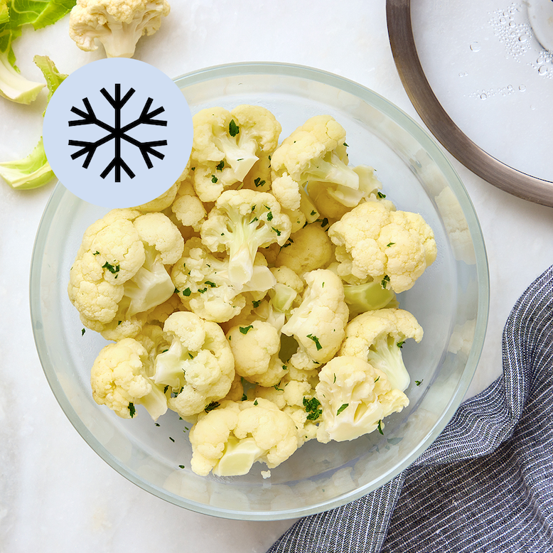 Perfectly cooked frozen cauliflower made and served in the glass Anyday dish, providing tender and flavorful florets. This method ensures evenly cooked cauliflower with no thawing needed, ideal for quick and healthy side dishes or adding to various recipes.