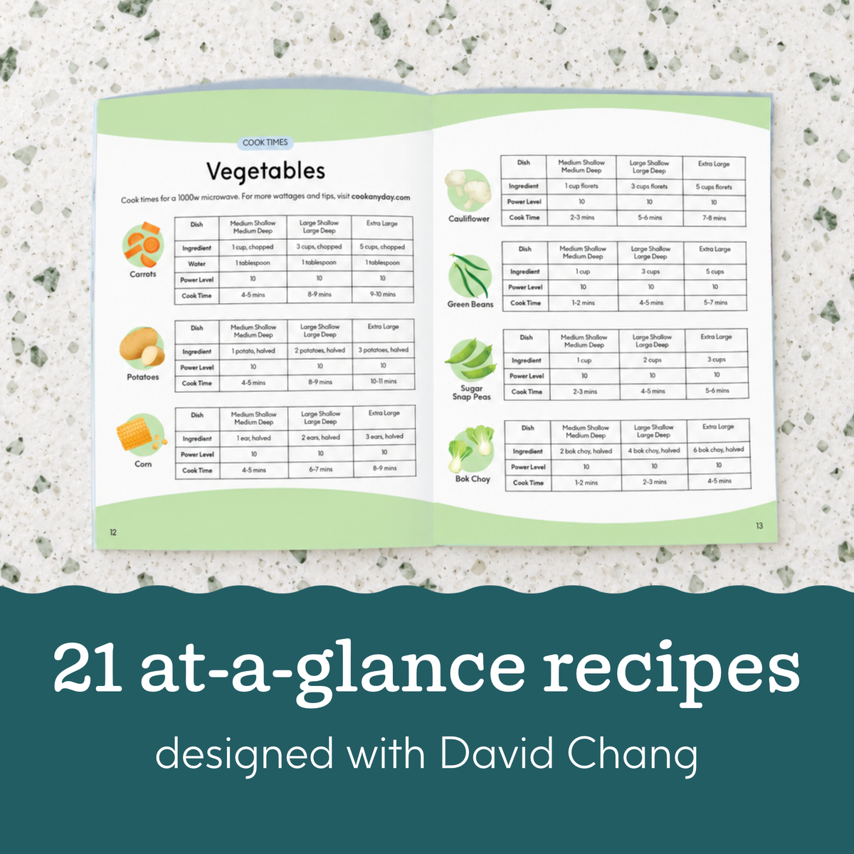 Open The Onyx Gift Bundle cookbook showing vegetable microwave cooking time charts.