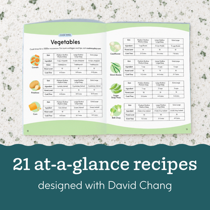 Open The Onyx Gift Bundle cookbook showing vegetable microwave cooking time charts.