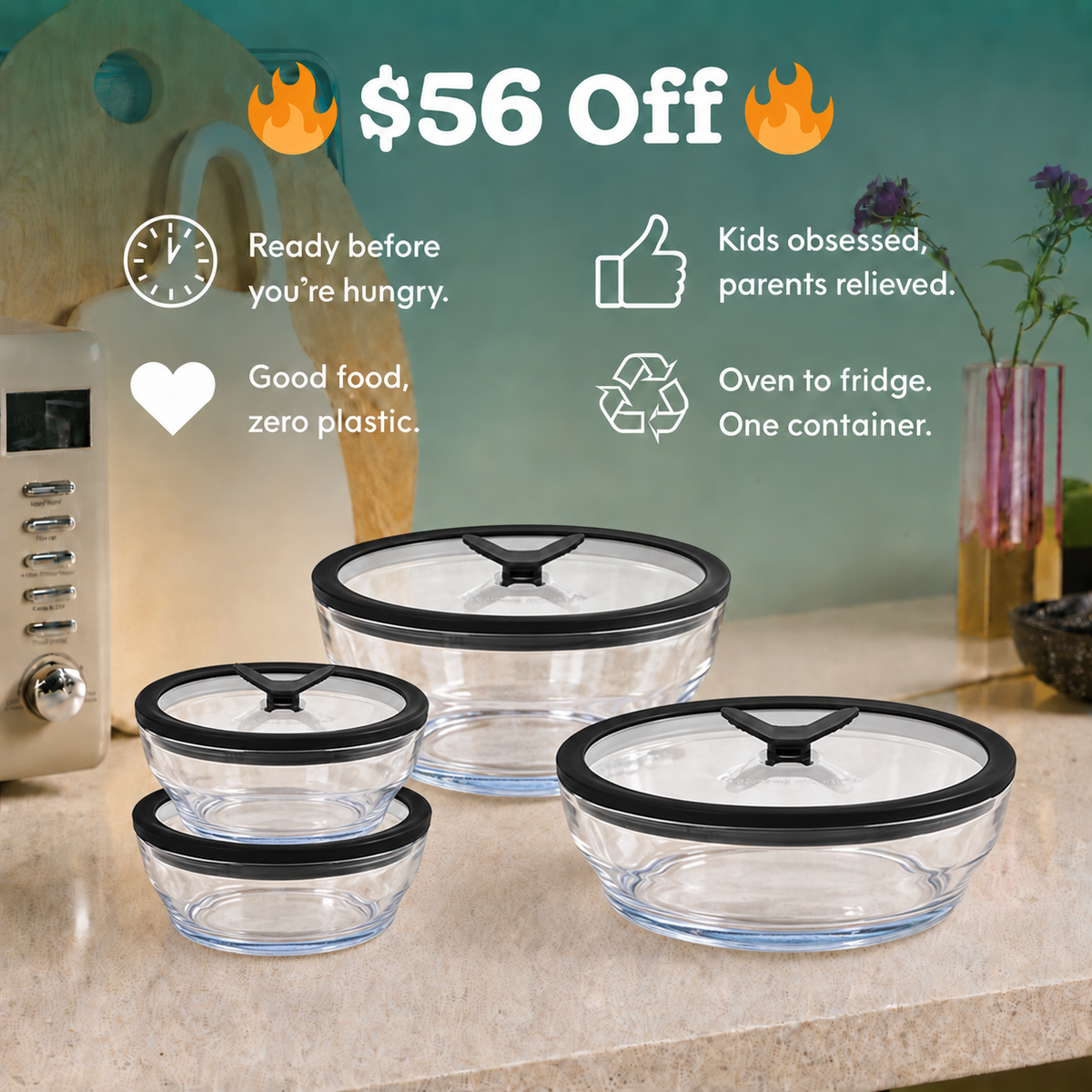 Four bowls from the 8-Piece Clear Glass Starter Set by Anyday featuring clear glass and silicone lids, displayed on a countertop next to an advertisement highlighting meal preparation efficiency and eco-friendly features with $56 off.