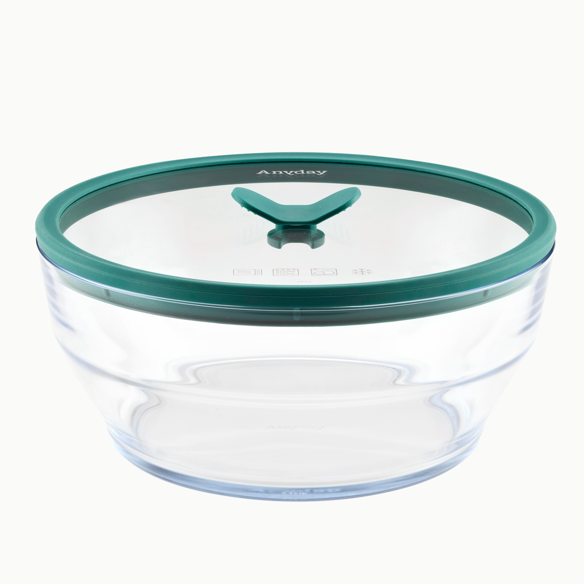 A 12-cup Glass Round Deep Dish by Anyday, featuring a kale-green rimmed transparent silicone lid with a central triangular vent, sits empty against a plain white background—perfect for meal-prepping or making batch soups.
