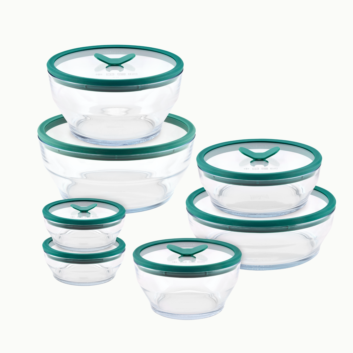 A 14-piece Clear Glass Round Dish Set, featuring seven glass food storage containers with green glass lids in assorted sizes, is displayed together on a white background—ideal for a plastic-free kitchen or convenient microwave use.