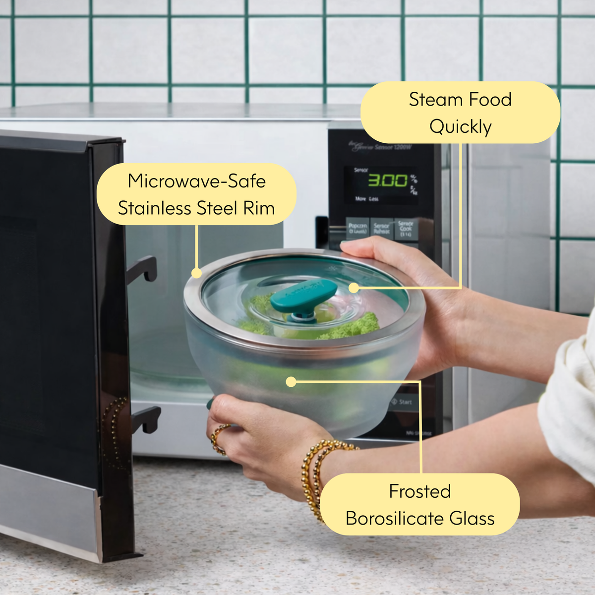 A person places a frosted glass bowl with a stainless steel rim and teal steam vent lid from the 8-Piece Frosted Glass Round Dish Starter Set into a microwave, highlighting features like safe food steaming, microwave compatibility, and durable borosilicate glass—making it an ideal addition to any kitchen or dishware collection.