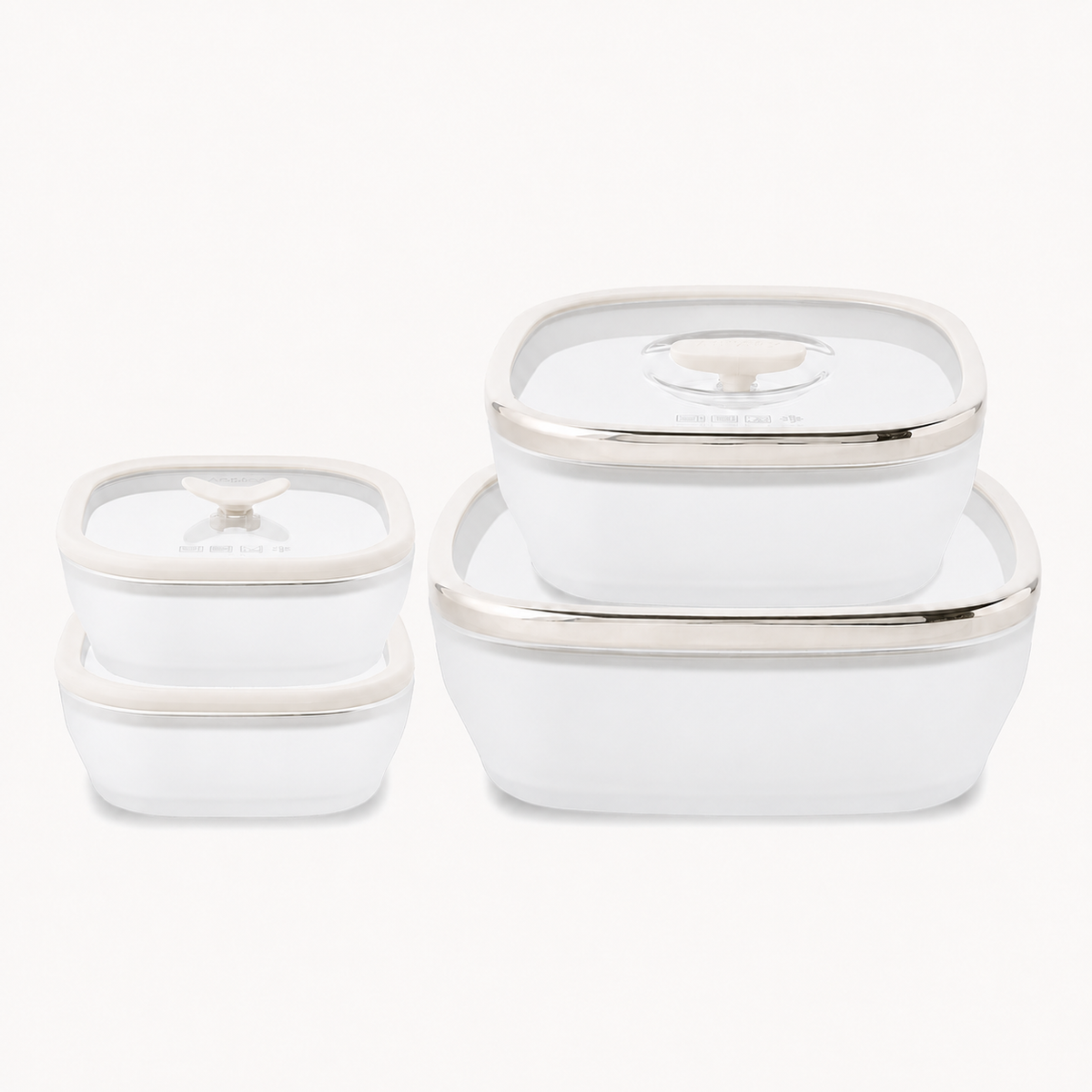 Two stacks of four Mochi-colored square frosted glass Anyday 8-Piece Glass Square Dish Set pieces, featuring clear glass lids and light-colored silicone rims.