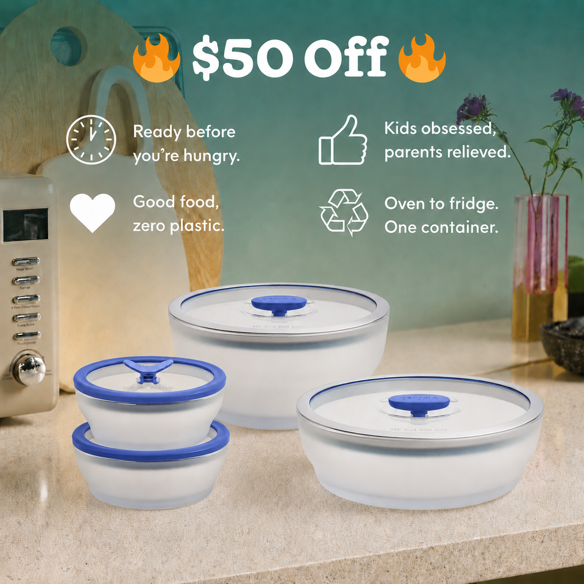 Three round 8-Piece Frosted Glass Round Dish Starter Set containers with blue silicone lids arranged on a kitchen counter, with promotional text about the kitchen bundle overlaid above.