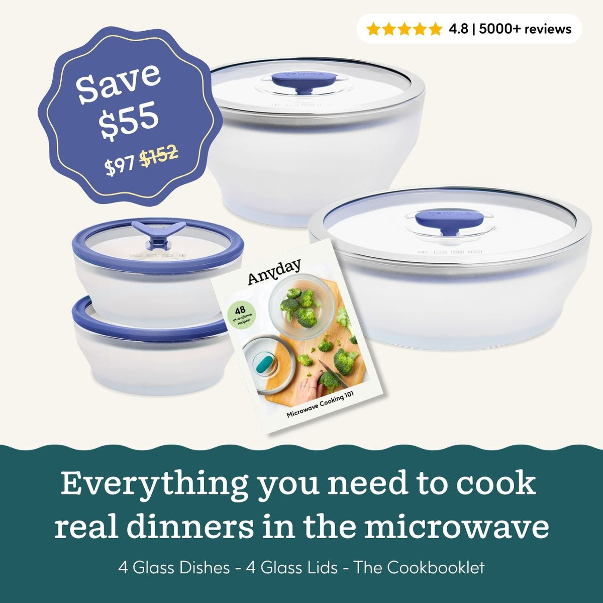 Anyday 8-Piece Frosted Glass Round Dish Starter Set includes four frosted glass round dishes with glass lids and a microwave cookbooklet, featuring a savings badge and a 4.8-star rating.