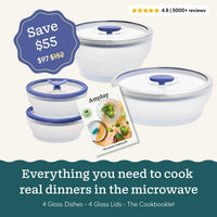 Anyday 8-Piece Frosted Glass Round Dish Starter Set includes four frosted glass round dishes with glass lids and a microwave cookbooklet, featuring a savings badge and a 4.8-star rating.