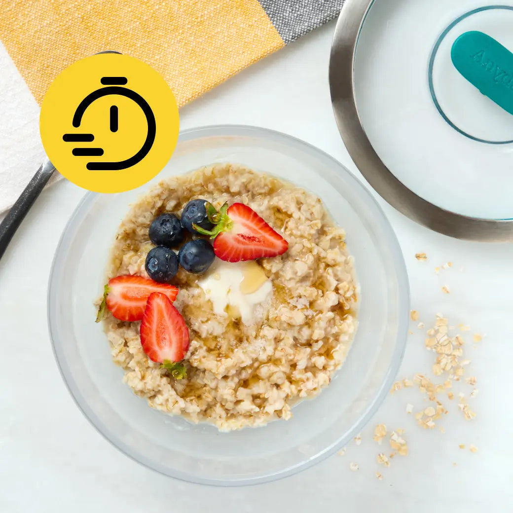 Quick steel cut oats cooked in the microwave in the glass Anyday dish, providing a hearty and nutritious breakfast option that’s ready in minutes.