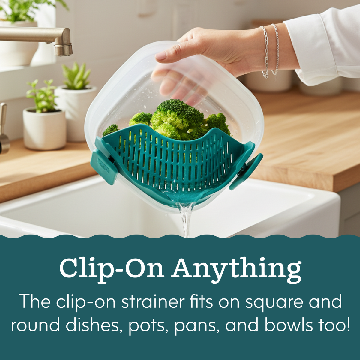 A hand holds a square glass container from an Anyday The Everything but the Microwave Bundle (black) tipped over a kitchen sink, using a teal clip-on silicone strainer to drain water from broccoli.