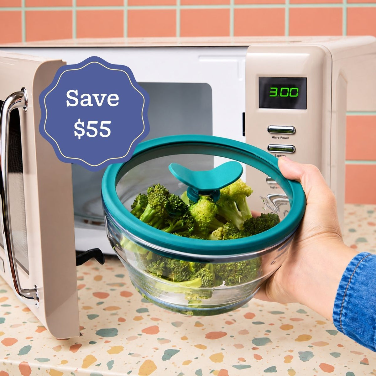 Broccoli cooking in an Anyday glass dish in the microwave