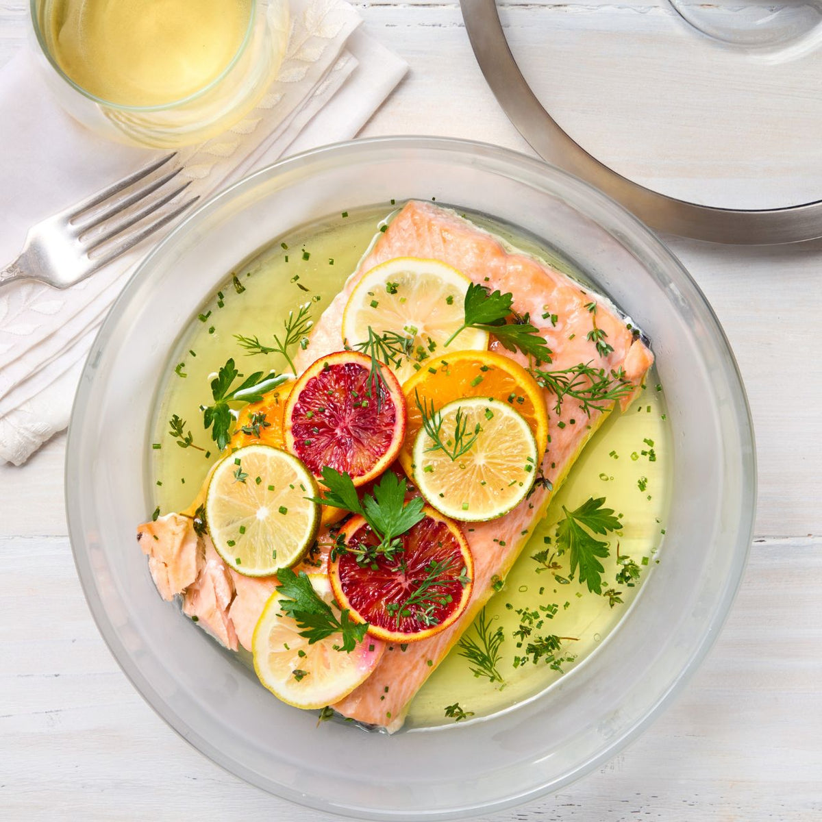 Salmon with lemon cooked in an Anyday glass dish