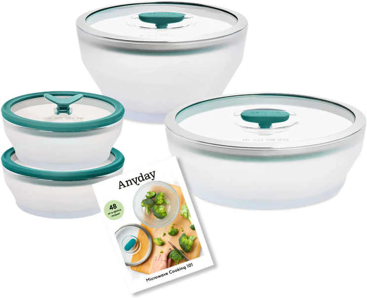 Anyday Starter Set with four frosted glass dishes, glass lids and the Cookbooklet