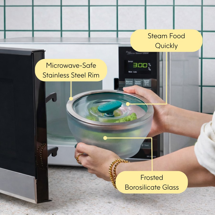 Anyday glass cookware with vented lid and cooking feature callouts