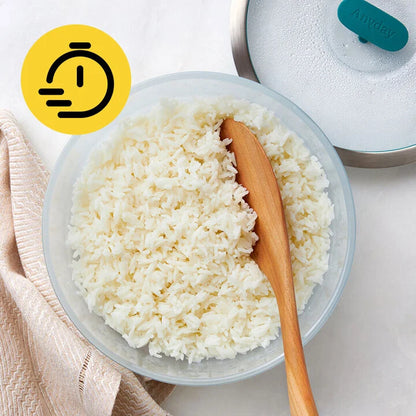 5-Minute White Rice made and served in the glass Anyday dish, featuring perfectly cooked white rice that is fluffy and tender made with pre-cooked rice.