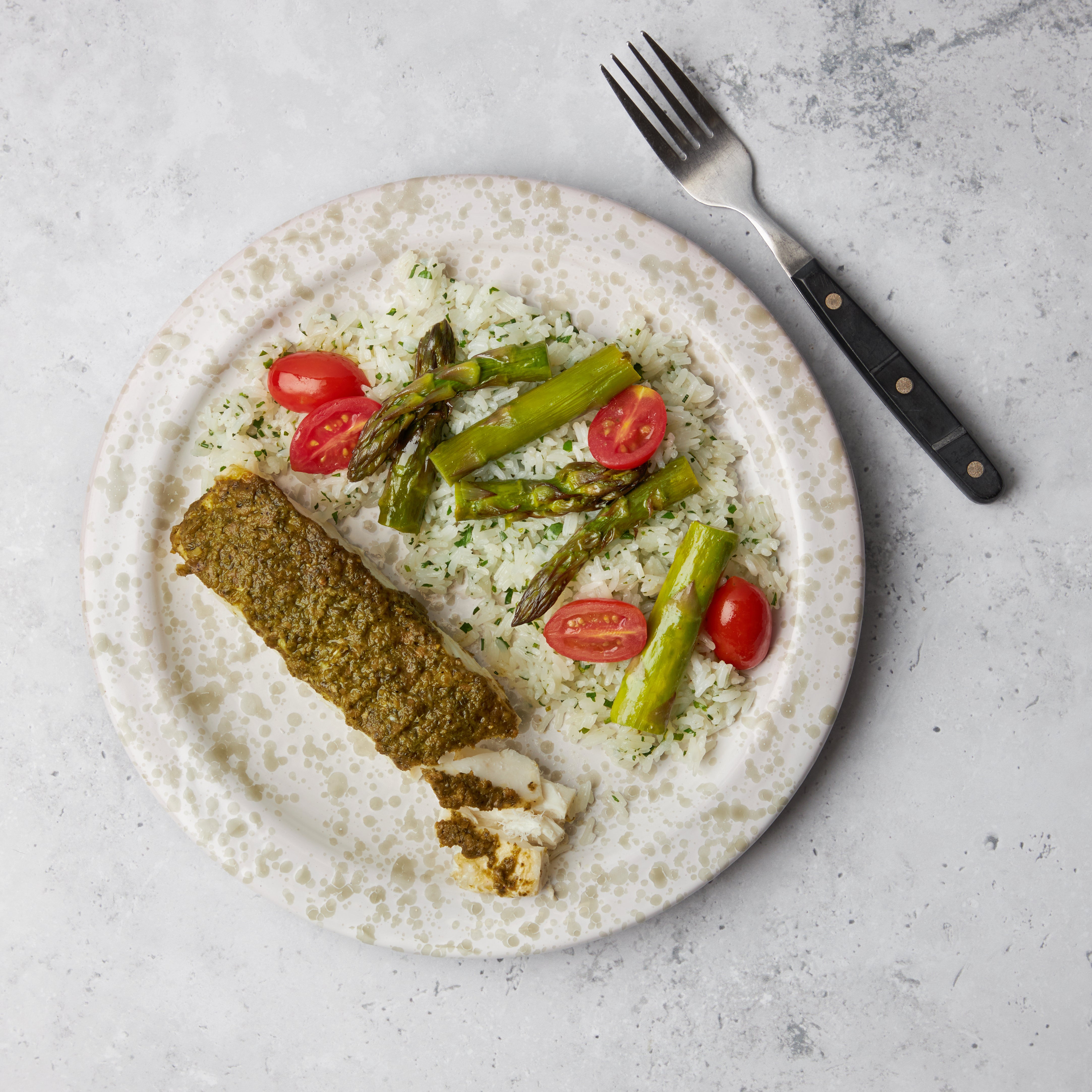 Halibut with Pesto and Asparagus in the Microwave Anyday